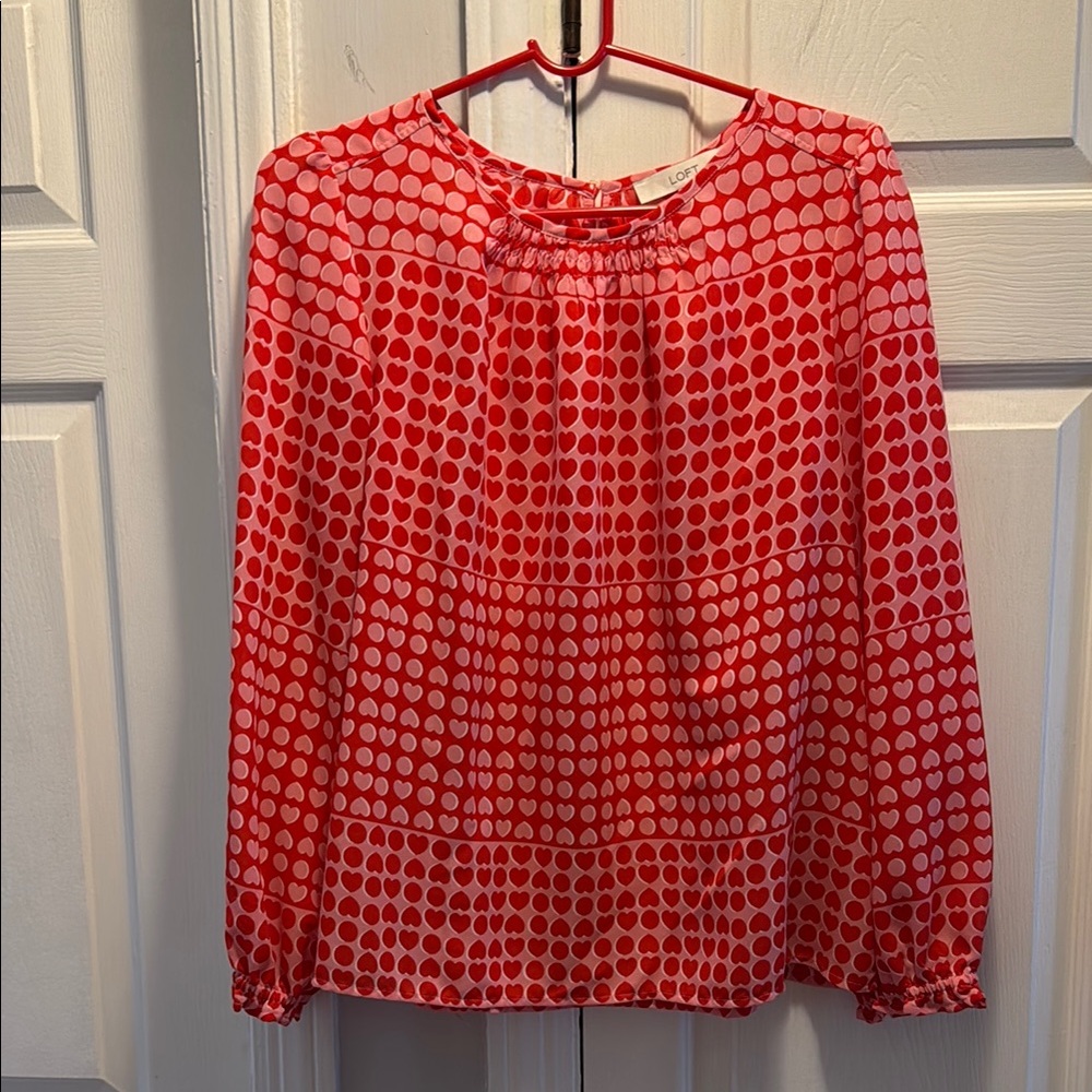 LOFT Red and Pink Pleated Peter Pan Collar Blouse